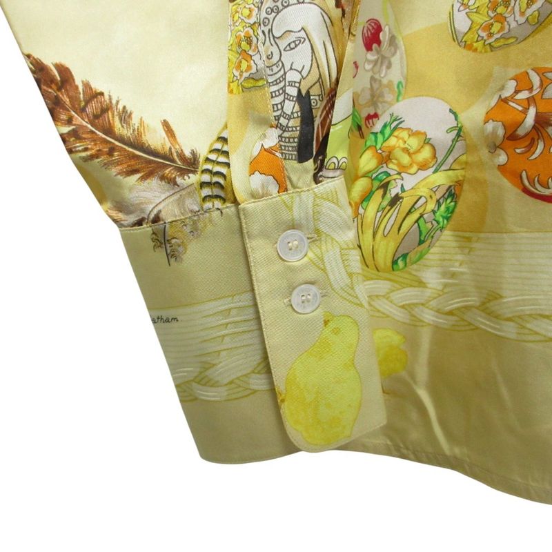 Cleaned Hermes Couveed'hermes Long Sleeve Silk Shirt Blouse 44 Cream Yellow