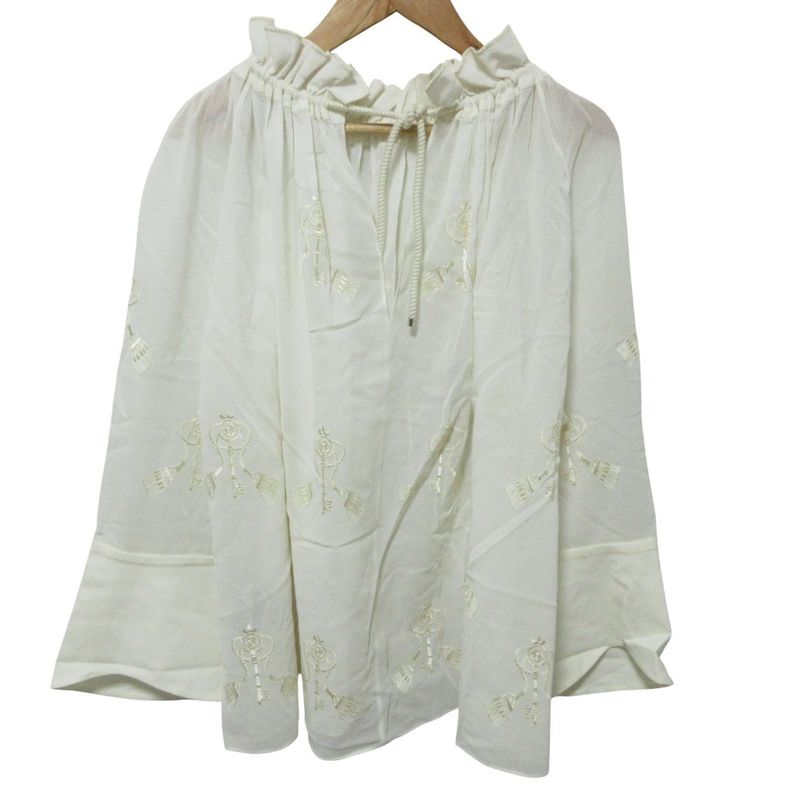Cleaned Hermes Gathered Collar Embroidery Key Motif Blouse 36 White Women Used