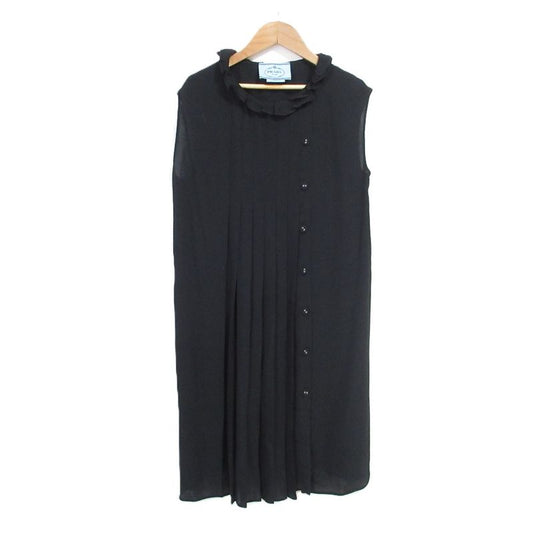 Prada Frill Collar Sleeveless Pleated Dress Size 38 Black Women's Preowned USED