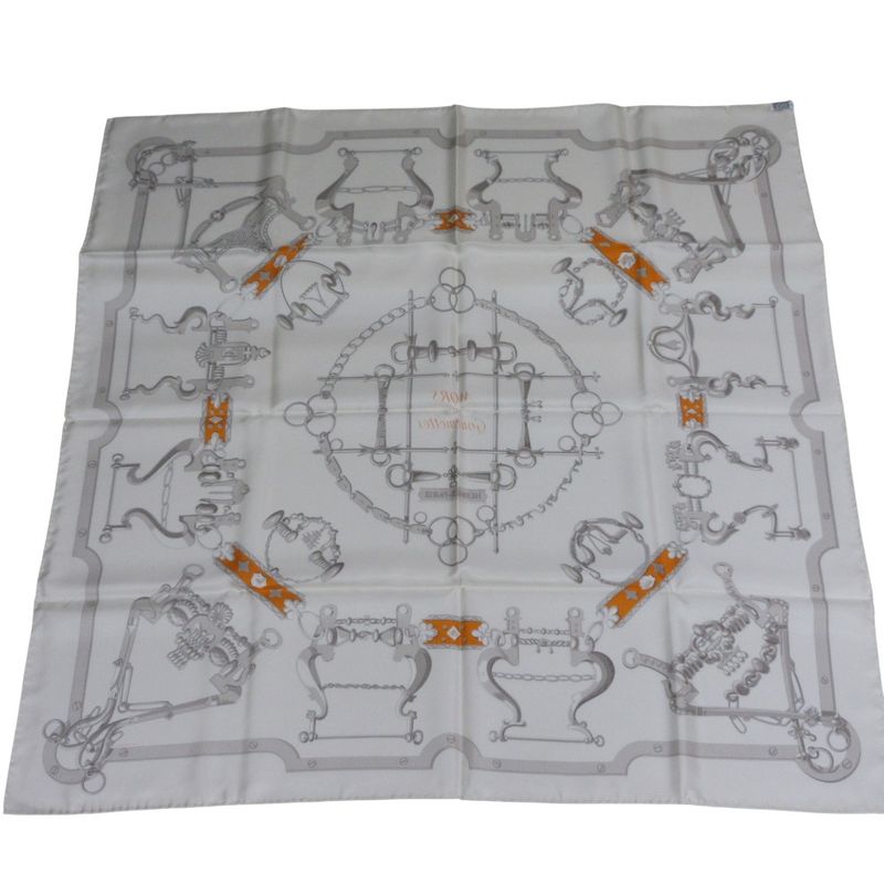 Hermes Carre 90 Morset Gourmettes Equestrian And Chain Silk Scarf White Ladies
