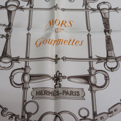 Hermes Carre 90 Morset Gourmettes Equestrian And Chain Silk Scarf White Ladies