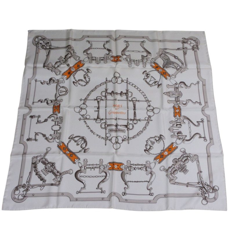 Hermes Carre 90 Morset Gourmettes Equestrian And Chain Silk Scarf White Ladies