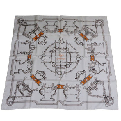 Hermes Carre 90 Morset Gourmettes Equestrian And Chain Silk Scarf White Ladies