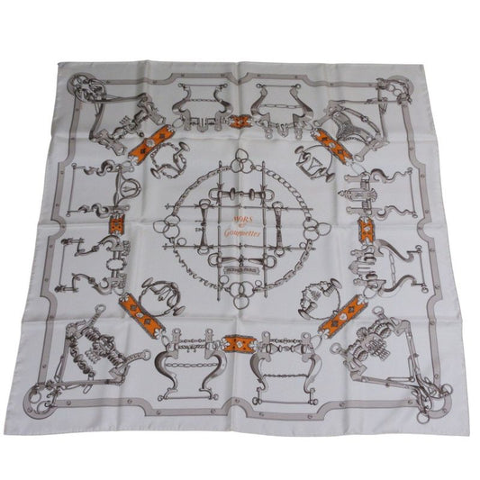 Hermes Carre 90 Morset Gourmettes Equestrian And Chain Silk Scarf White Ladies