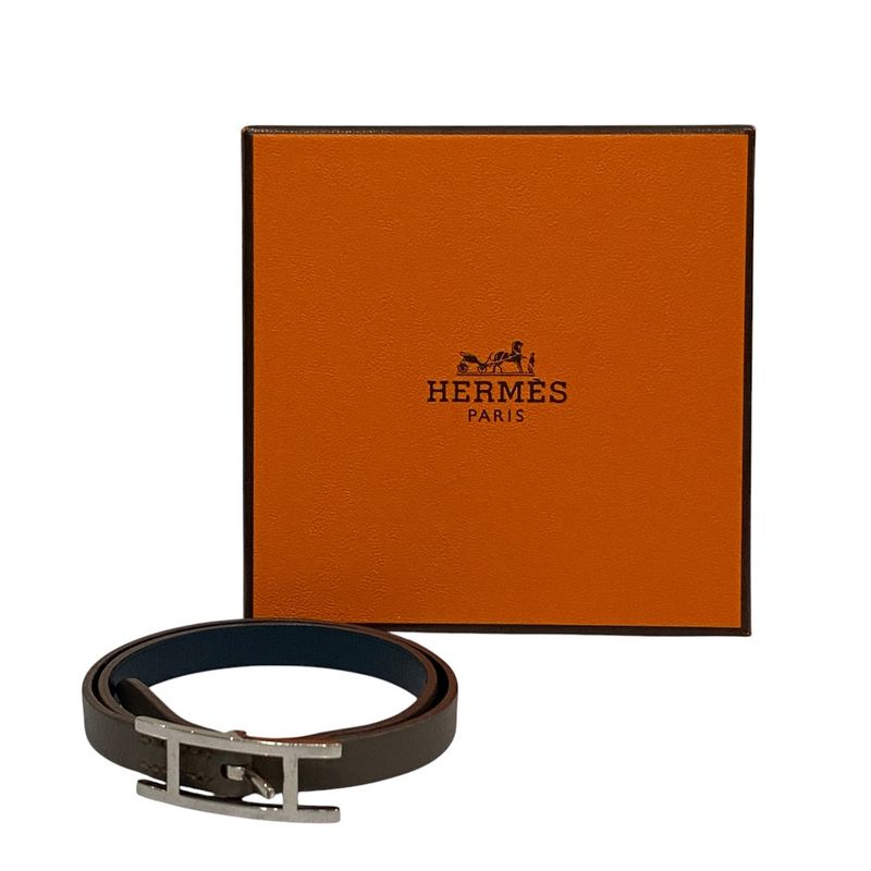 Good Hermes Be Api Dubretour H Buckle Leather Bracelet Brown Blue Ladies