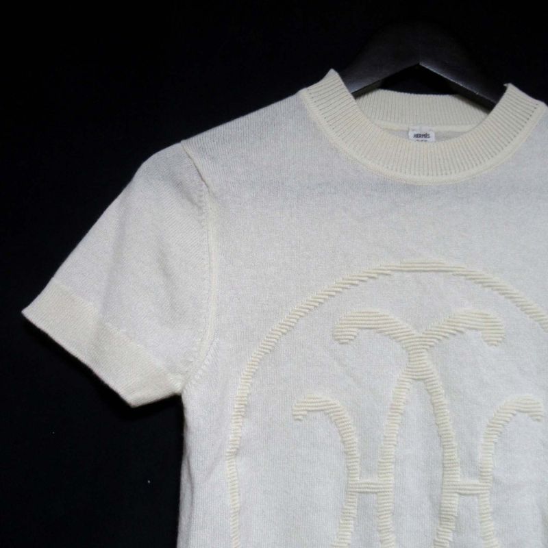 22AW Hermes H Lift Cashmere Short Sleeve Knit Sweater Size 34 Ivory Women's Used