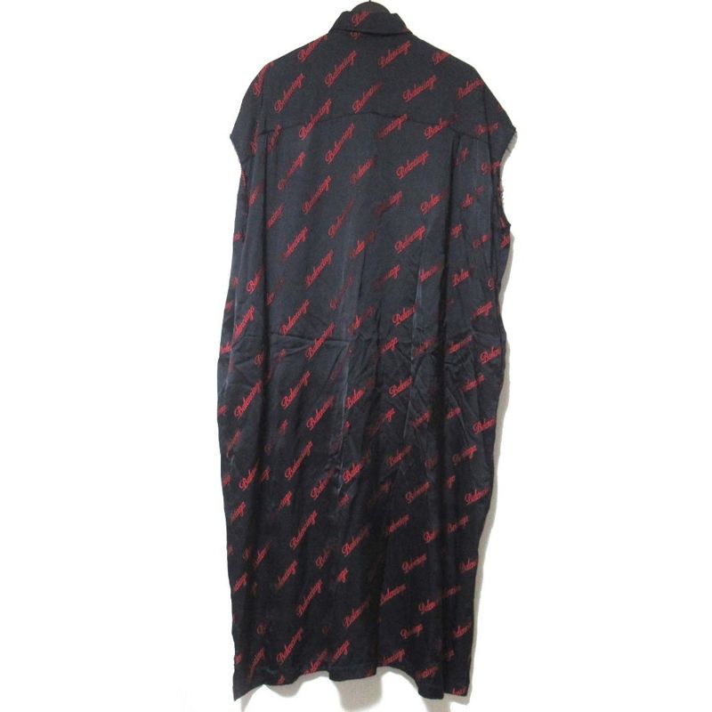 Balenciaga Logo Jacquard Cutoff Satin Long Shirt Dress Size 32 Black And Red