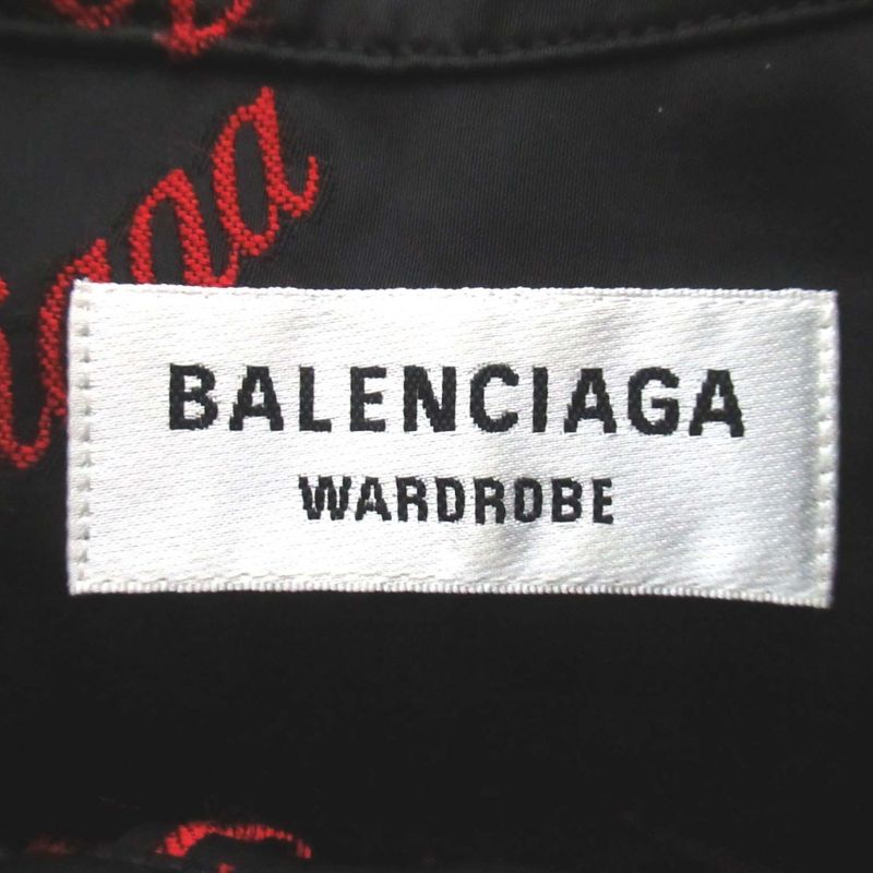 Balenciaga Logo Jacquard Cutoff Satin Long Shirt Dress Size 32 Black And Red