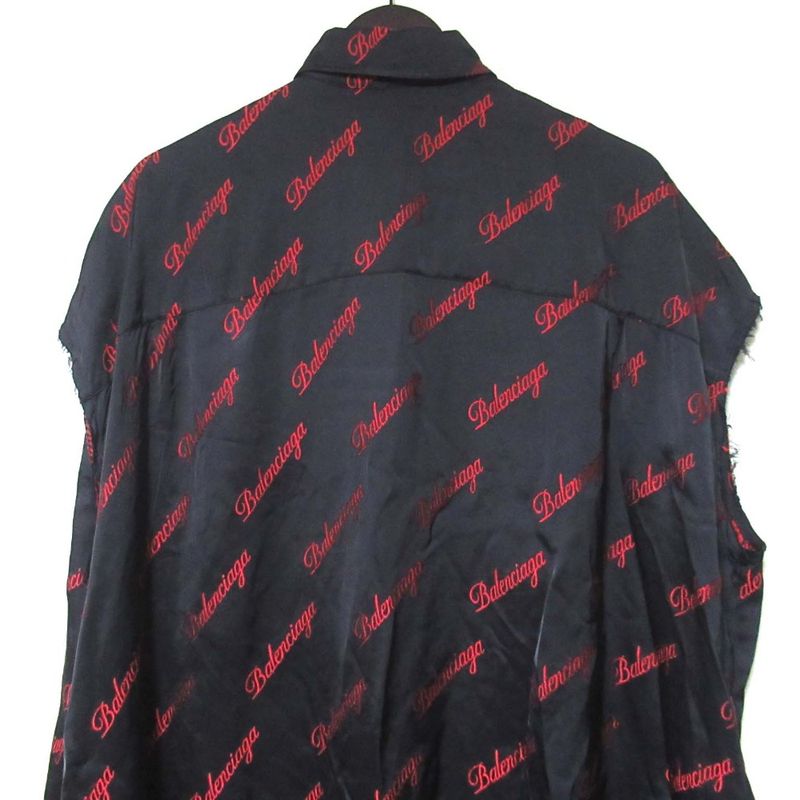 Balenciaga Logo Jacquard Cutoff Satin Long Shirt Dress Size 32 Black And Red