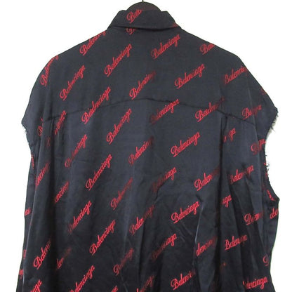 Balenciaga Logo Jacquard Cutoff Satin Long Shirt Dress Size 32 Black And Red