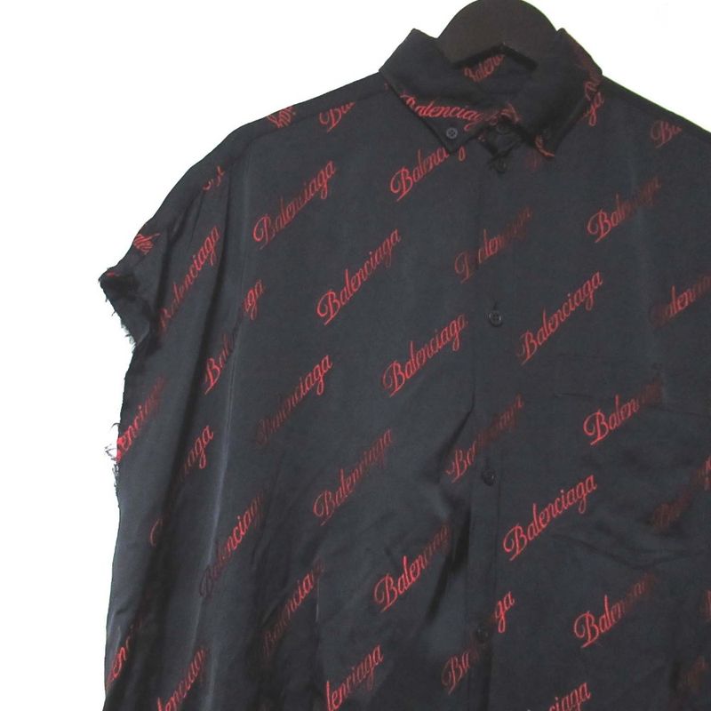 Balenciaga Logo Jacquard Cutoff Satin Long Shirt Dress Size 32 Black And Red