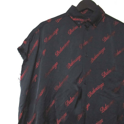 Balenciaga Logo Jacquard Cutoff Satin Long Shirt Dress Size 32 Black And Red
