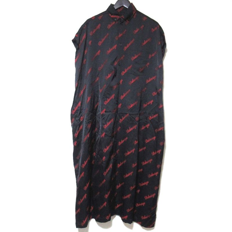 Balenciaga Logo Jacquard Cutoff Satin Long Shirt Dress Size 32 Black And Red