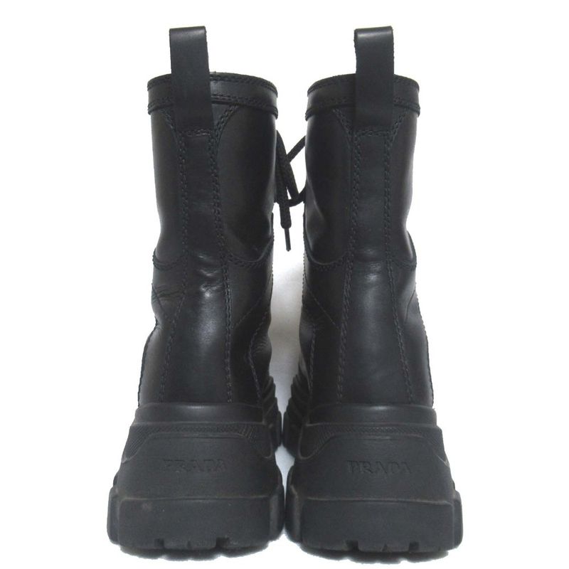 Prada Leather Thick Soled Lace Up Short Boots Size 37.5 24.5cm (9.65in) Black