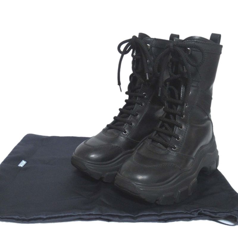 Prada Leather Thick Soled Lace Up Short Boots Size 37.5 24.5cm (9.65in) Black