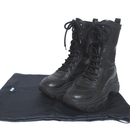 Prada Leather Thick Soled Lace Up Short Boots Size 37.5 24.5cm (9.65in) Black