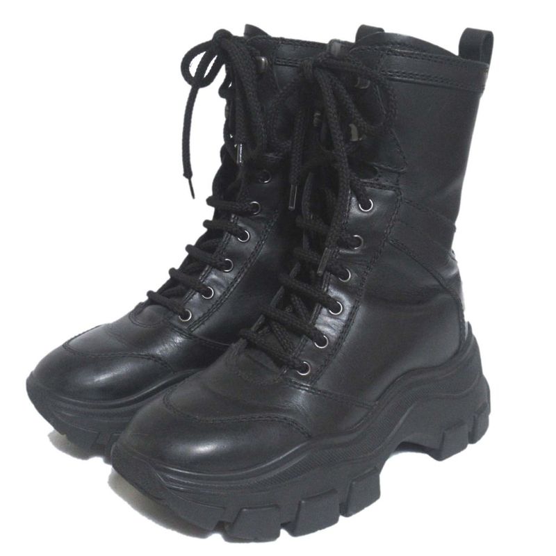 Prada Leather Thick Soled Lace Up Short Boots Size 37.5 24.5cm (9.65in) Black