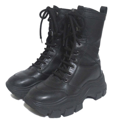 Prada Leather Thick Soled Lace Up Short Boots Size 37.5 24.5cm (9.65in) Black
