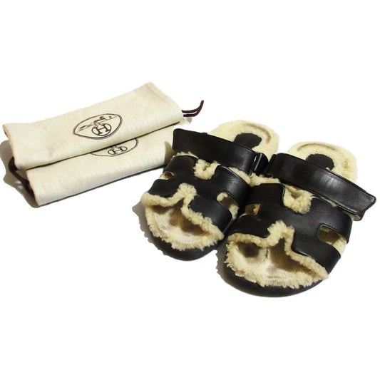 Hermes Chypre Mouton Strap Sandals Black Women's Preowned USED