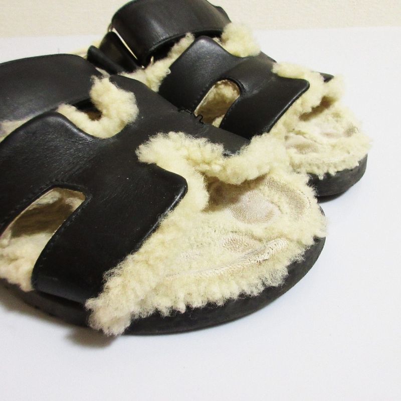 Hermes Chypre Mouton Strap Sandals Black Women's Preowned USED