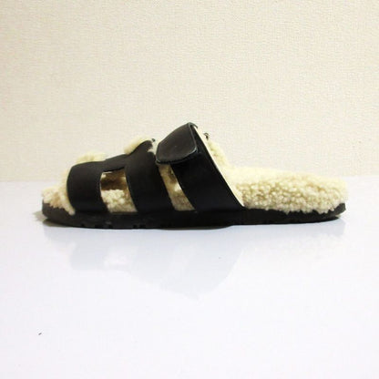 Hermes Chypre Mouton Strap Sandals Black Women's Preowned USED