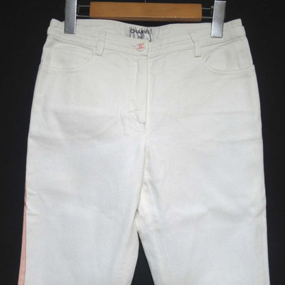 01C Chanel Coco Mark Button Sideline Denim Pants Jeans Size 36 White Ladies