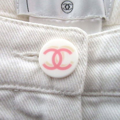 01C Chanel Coco Mark Button Sideline Denim Pants Jeans Size 36 White Ladies