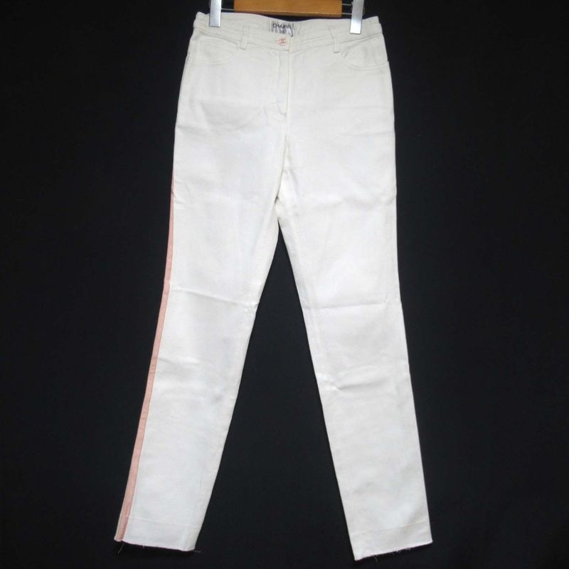 01C Chanel Coco Mark Button Sideline Denim Pants Jeans Size 36 White Ladies