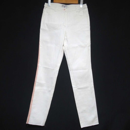 01C Chanel Coco Mark Button Sideline Denim Pants Jeans Size 36 White Ladies
