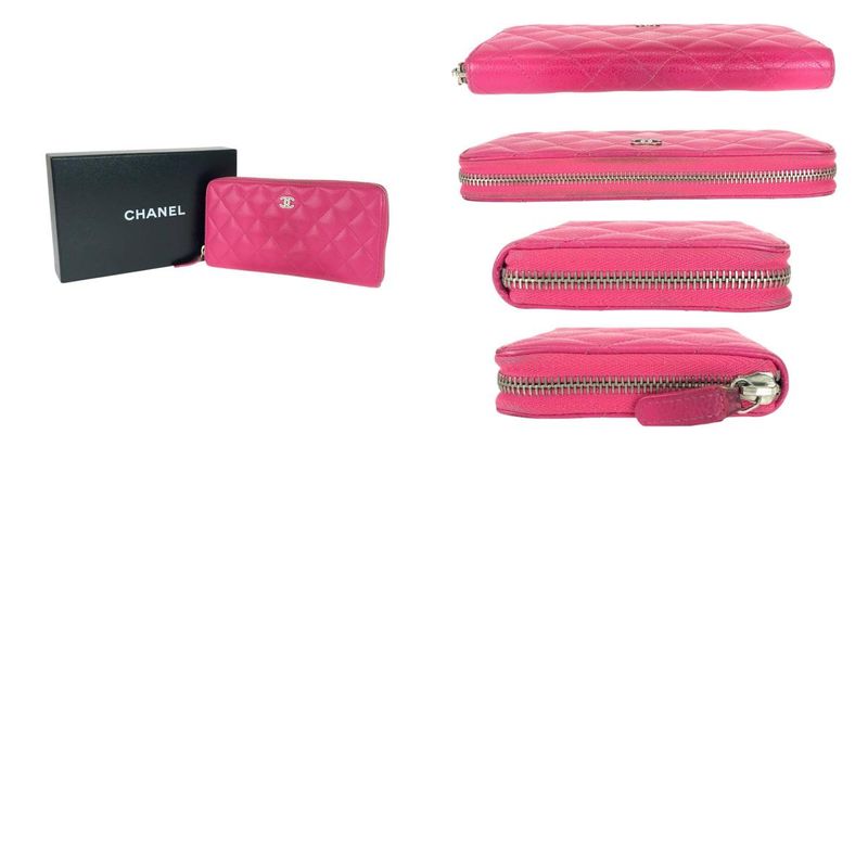 Chanel Matelasse Coco Mark Pink Silver Hardware Caviar Skin Long Wallet Round