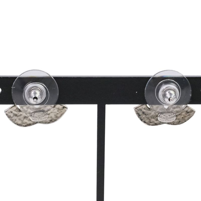 Chanel 01P Baguette Cut Rhinestone Coco Mark Earrings Silver Color Ladies