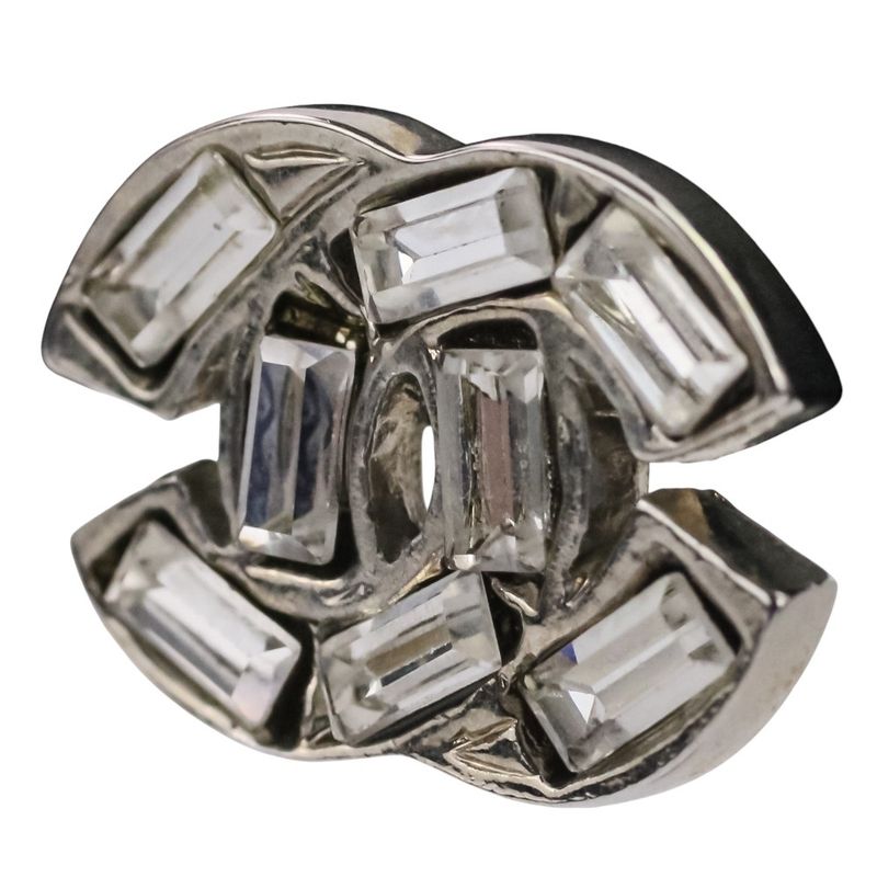 Chanel 01P Baguette Cut Rhinestone Coco Mark Earrings Silver Color Ladies
