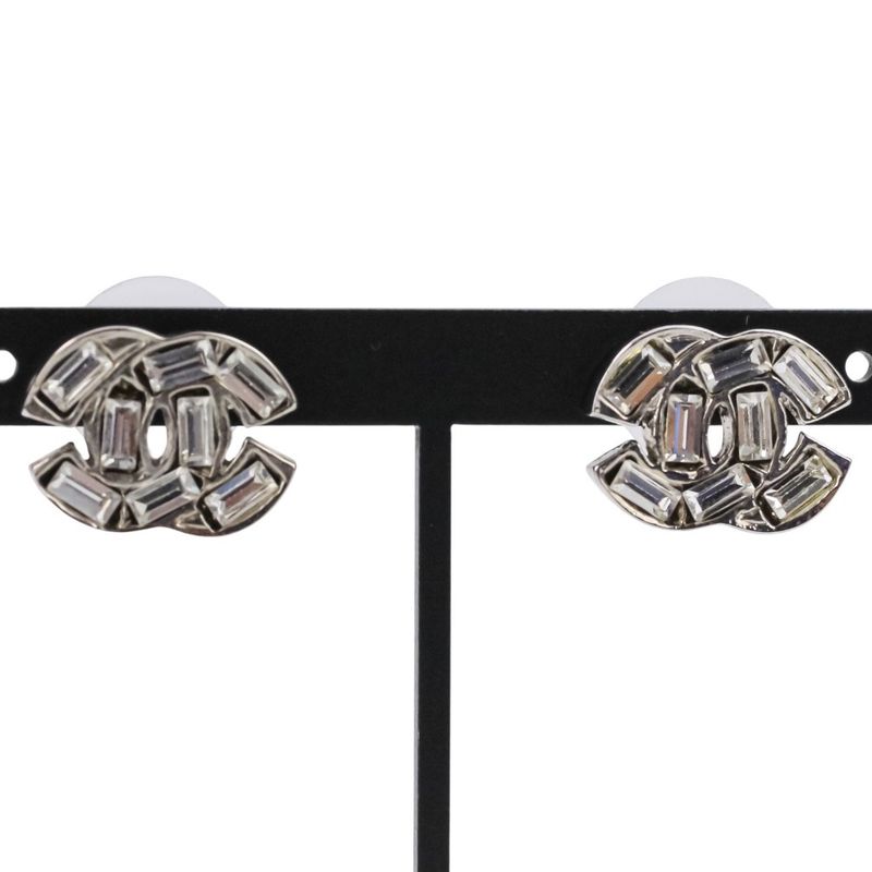 Chanel 01P Baguette Cut Rhinestone Coco Mark Earrings Silver Color Ladies