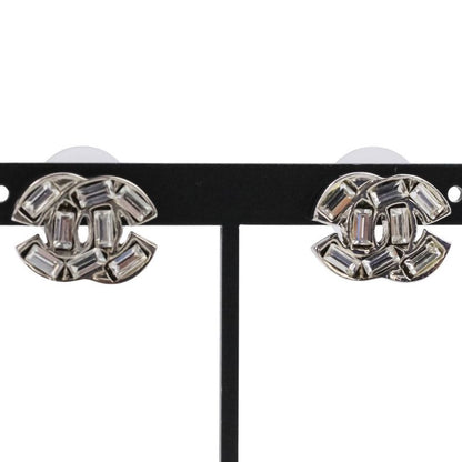 Chanel 01P Baguette Cut Rhinestone Coco Mark Earrings Silver Color Ladies