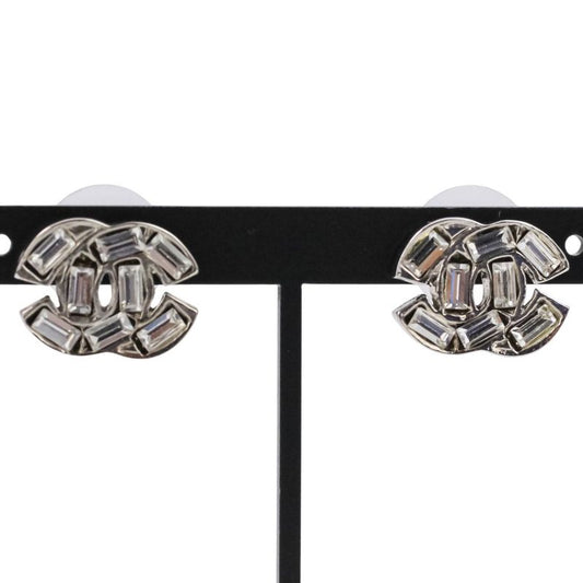 Chanel 01P Baguette Cut Rhinestone Coco Mark Earrings Silver Color Ladies
