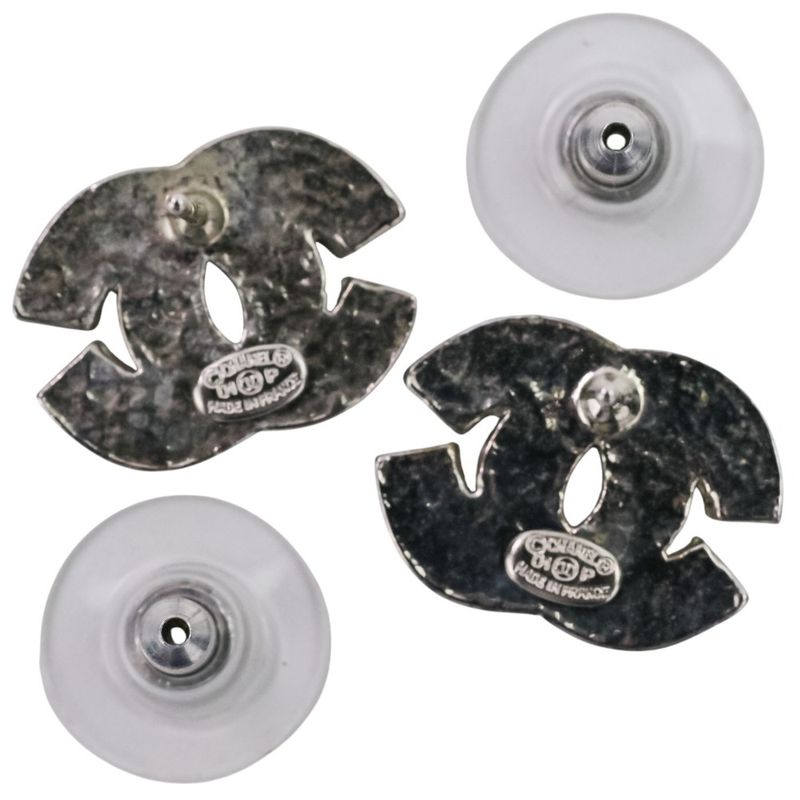 Chanel 01P Baguette Cut Rhinestone Coco Mark Earrings Silver Color Ladies