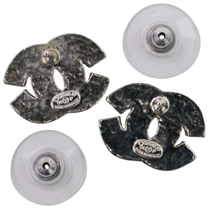 Chanel 01P Baguette Cut Rhinestone Coco Mark Earrings Silver Color Ladies