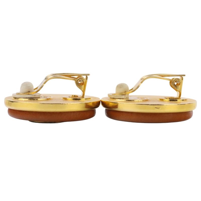Good Hermes Serie Button Leather Earring Brown Gold Color Ladies Used