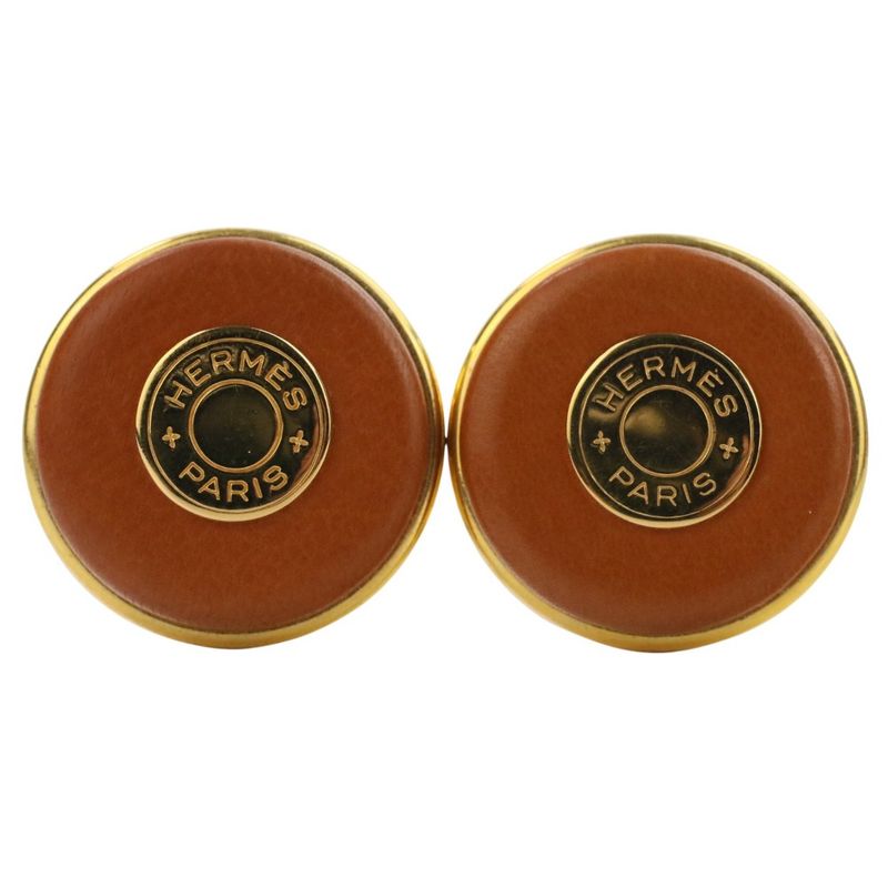 Good Hermes Serie Button Leather Earring Brown Gold Color Ladies Used