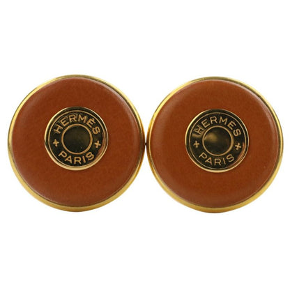 Good Hermes Serie Button Leather Earring Brown Gold Color Ladies Used