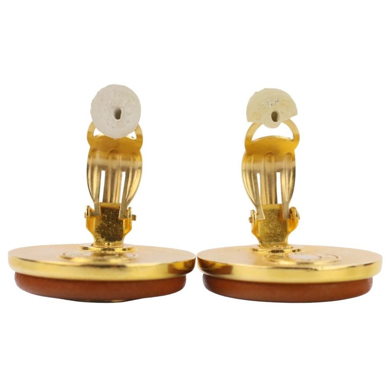 Good Hermes Serie Button Leather Earring Brown Gold Color Ladies Used