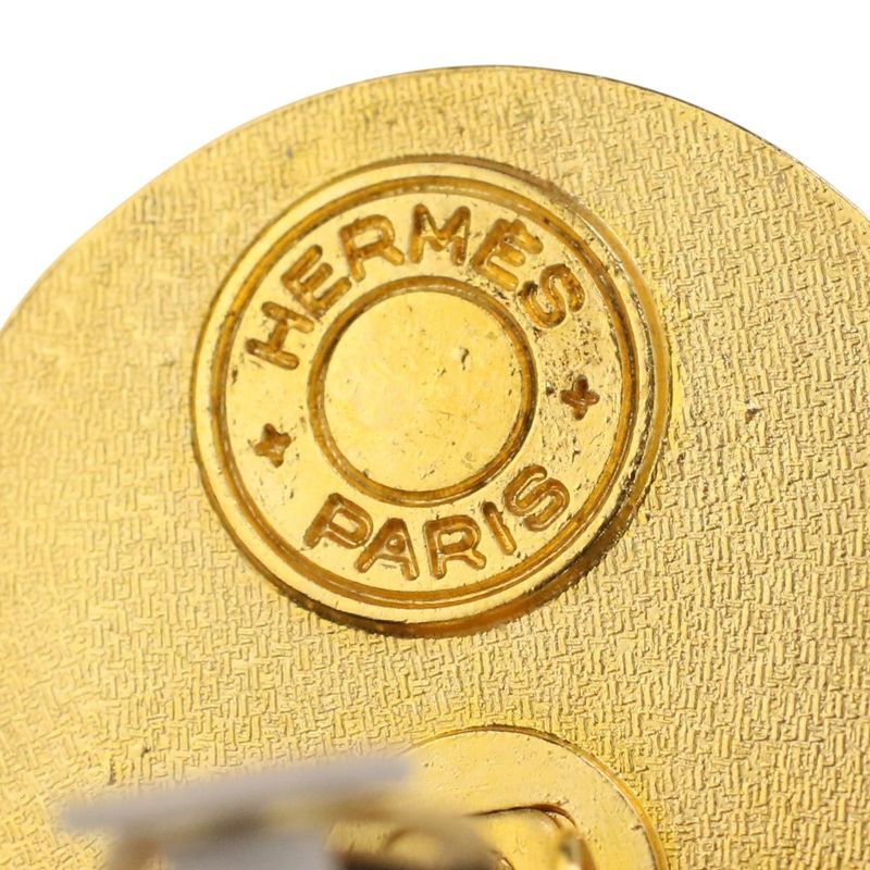 Good Hermes Serie Button Leather Earring Brown Gold Color Ladies Used