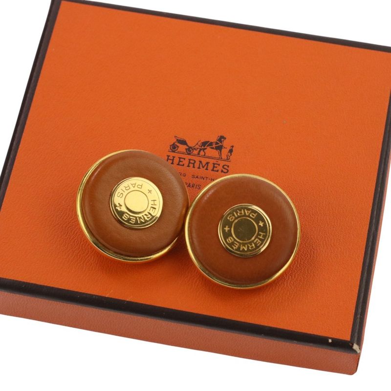 Good Hermes Serie Button Leather Earring Brown Gold Color Ladies Used
