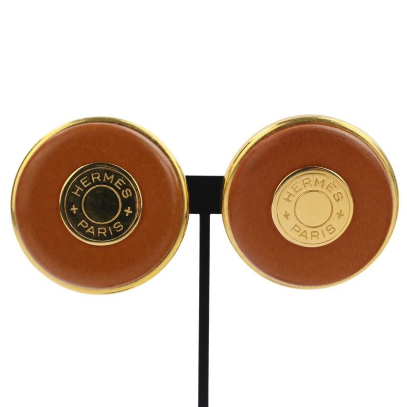 Good Hermes Serie Button Leather Earring Brown Gold Color Ladies Used