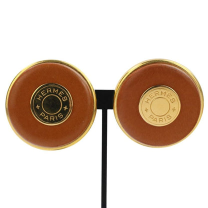 Good Hermes Serie Button Leather Earring Brown Gold Color Ladies Used