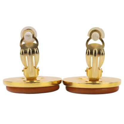Good Hermes Serie Button Leather Earring Brown Gold Color Ladies Used