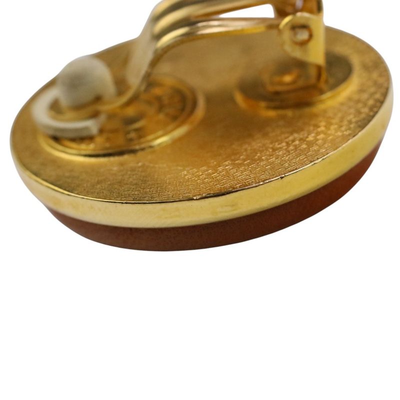 Good Hermes Serie Button Leather Earring Brown Gold Color Ladies Used