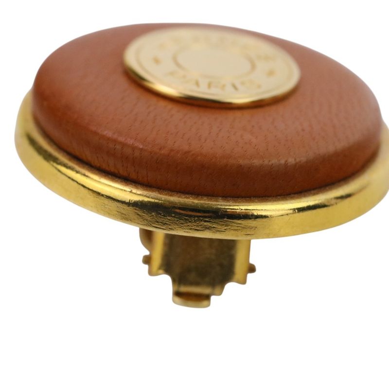Good Hermes Serie Button Leather Earring Brown Gold Color Ladies Used