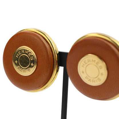 Good Hermes Serie Button Leather Earring Brown Gold Color Ladies Used