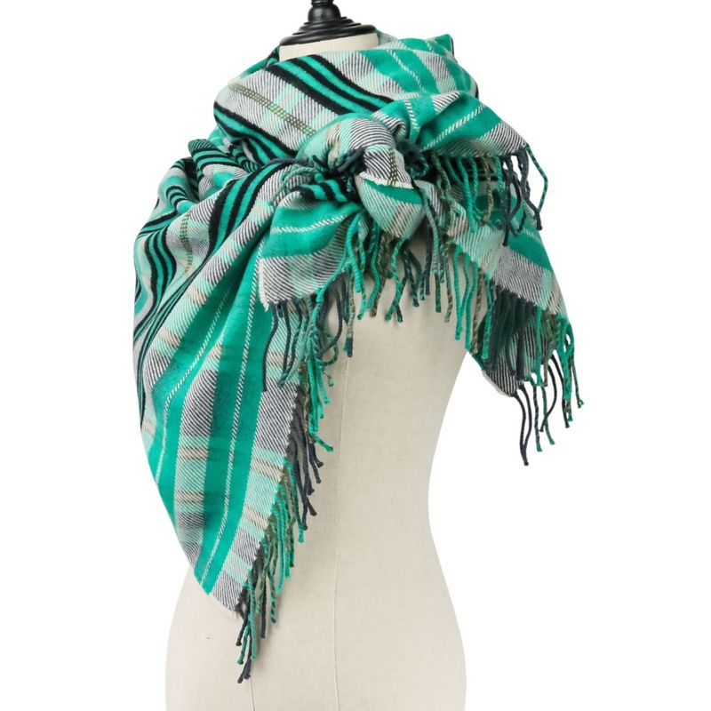 Hermes Cashmere Tartan Check Fringe Blanket Scarf Large Shawl Green Ladies Used